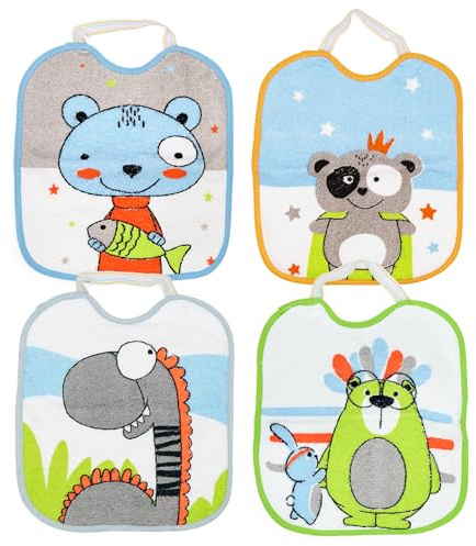 Ti TIN | Lot de 4 Bavoirs Éponge Imprimé Imperméable | 23x28 cm | 90% Coton 10% polyester | Bavoirs pour Bébés de 6 à 12 mois | Fermeture Élastique | Doublure Vinyle | Motif Animaux | 320gr/m²