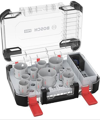 Bosch 14x Set de sierra de corona PRO Multi Material Power Change Plus - Estuche transparente (para Madera blanda, Cartón-yeso, Ø 20-76 mm, Professional Accesorios Taladro), Versión actual