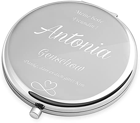 Maverton Kompaktspiegel mit Gravur - Spiegel rund - Silber - Doppelspiegel mit Vergrößerung - Reisespiegel für Handtaschen - Geschenke für Frauen