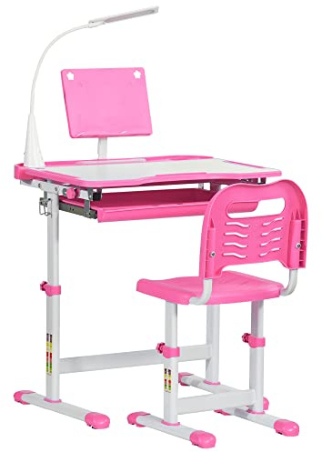 HOMCOM Banco Scuola con Sedia per Bambini 6-12 Anni in Acciaio e MDF Rosa
