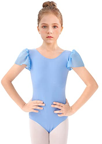 Bezioner Justaucorps Danse Fille,Justaucorps de Gymnastique Filles Manche Bouffante Vêtements de Ballet Danse Classique pour Enfant Bleu 110