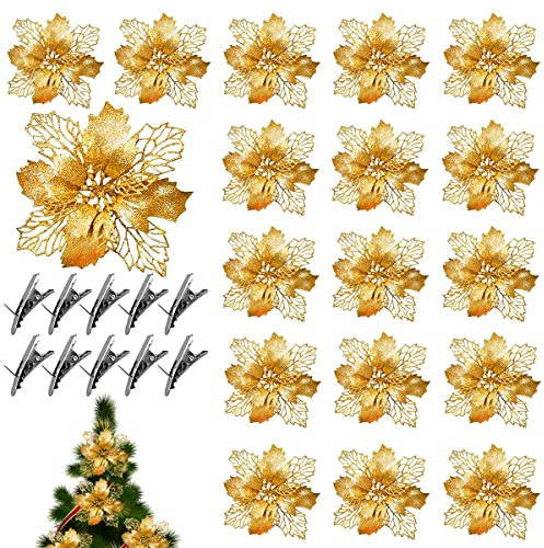 20 Stücke Christbaumschmuck Glitter Poinsettia,Weihnachtsschmuck Baumschmuck Künstliche Weihnachtsblumen Deko für Weihnachtsbaum Weihnachtskranz Ornamente (Gold)