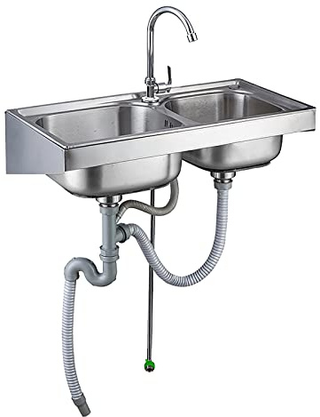 Wall Mount Utility Sink, Stainless Steel Kitchen Sinks, 30-inch Double Bowl Hand Wash Basin with Drain and Faucet, 2 Compartment Commercial Prep & Utility Sink (Size : Single Cold Faucet)