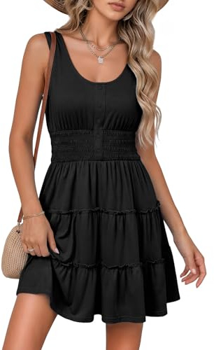 Dokotoo Womens Summer Dresses 2025 Sleeveless Button Down Smocked Waist Ruffle Tiered Casual Swing Mini Easter Dress Beach Vacation Clothes for Women Sun Tank Tshirt Sundress Outfits Black Small