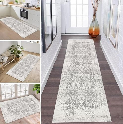 Teppich Läufer Flur Küche rutschfest waschbar Teppichläufer Lang 120X500CM Moroccan Grau Modern Polyester Küchenläufer Teppich Meterware Korridor Tepiche Esszimmer Eingang Wohnzimmer Schmutzfangmatte