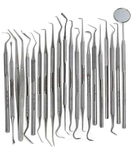 Multipurpose Dental Tools 20 Pcs Tartar Calculus Plaque Remover Teeth Cleaning Set to Use for Oral Care Hygiene Includes Stainless Steel Picks, Tweezers, Mirror, Scrapper, Micro Probes, Scalers