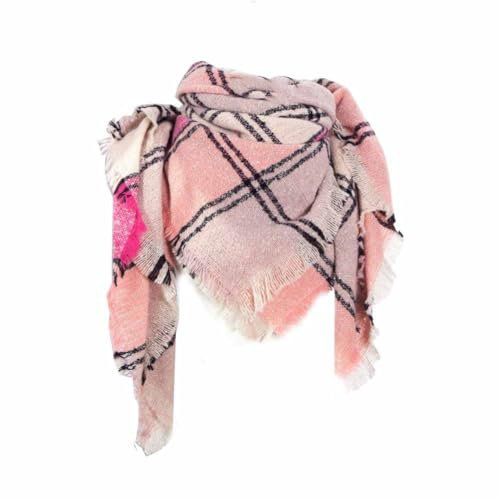 SHTGOI Winterschal Kariert Dreieckstuch Streifenschal Wolle Strickschal Wickelschal mit Fransen Weich Warm Lange Damenchals Halstücher Dick Deckenschal Poncho für Herbst Winter SJ5 Rosa