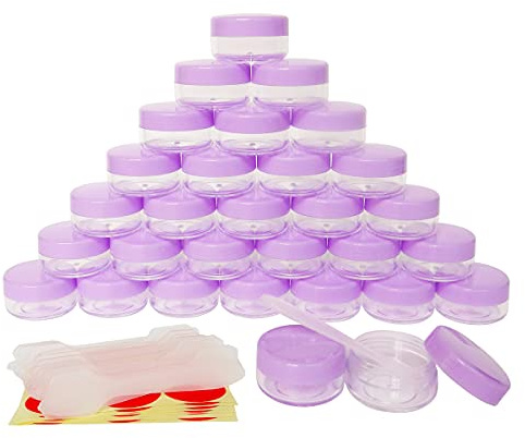 Wopanxye 30 tarros de muestra de viaje de 10 ml con tapas moradas, recipiente pequeño vacío para cosméticos, mini macetas de maquillaje de plástico de 10 g para sombra de ojos, crema facial, bálsamo