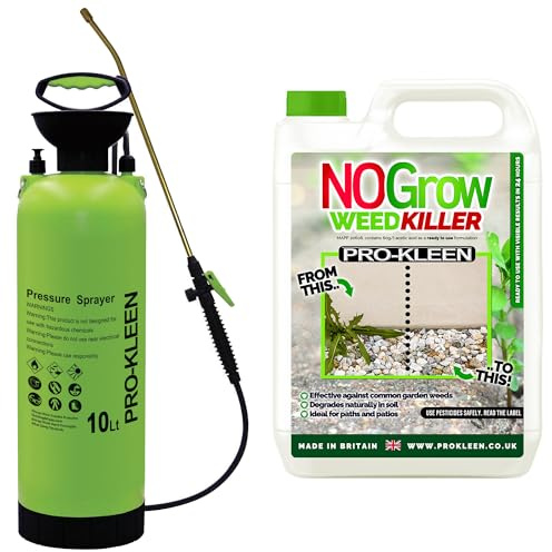 Pro-Kleen NOGrow Weed & Moss Killer 5L - Double Strength, Glyphosate Free, Kills Moss, For Annual & Perennial Weeds, Eco-Friendly, Organic, Children and Pet Safe Once Dry with 10L Garden Pump Sprayer