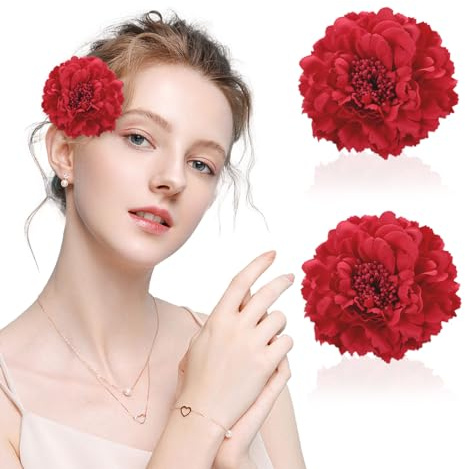EUPSIIU 2 Stück Blumen Haarspangen Haarclip, Blume Rosen Haarnadeln, Haarschmuck Mädchen Blumen Haarspangen Damen, Haarspange mit Rosenmotiv für Flamenco Tanzenparty Party Hochzeit (Rot)