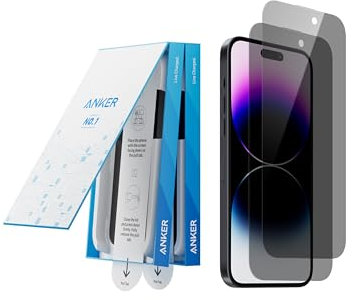 Anker Privacy Displayschutzfolie für iPhone 14 Pro (2er-Pack), 15,5cm gehärtete Glasfolie mit einfacher Installation, 8K Ultra HD, 9H Härte, kratz- und stoßfest, 12 Monate Garantie