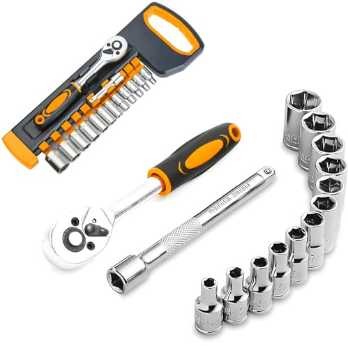 Avilia Set di Chiavi Industriali e Cricchetto con Estensione - Kit Cricchetto con 12 Bussole 4-14mm, Manico Ergonomico, in Acciaio al Cromo Vanadio