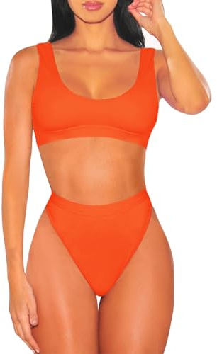 Viottiset Damen Crop Top Bikini Set High Waist 2-teilig High Cut Bademode Strand Push Up Sommer Orange XL
