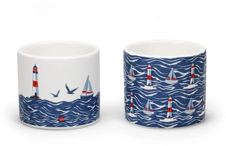 Half Moon Bay | Coastal Egg Cups Set of 2 | Blue/White - 4 x 2 Inch | Round Stoneware Egg Cup | Dishwasher Safe