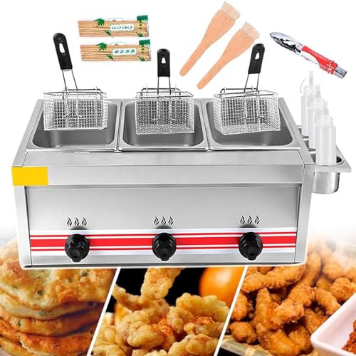 Friteuse À Gaz Professionnelle, avec Paniers Et Couvercle Amovibles, Puissance Feu Réglable, Friteuse À Gaz Multifonction Acier Inoxydable Épais, pour Frites Beignets Poisson,Triplecylinder10l+10l+10l