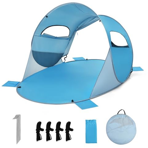 HOMASIS Strandzelt Pop-Up Anti-UV für 3-4 Personen Strandschirm leicht tragbar mit Transporttasche für Camping und Strand Blau/Grün