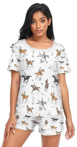 HMZXZ Damen Schlafanzug-Set Pferd Kunst Malerei Sommer Pyjama Woman Set,Tier Loungewear und Shorts Lounge Set Sleepwear Nachtwäsche
