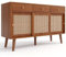 Azkoeesy 120 cm Kommode Sideboard mit Rattan-Schiebetüren und 3 Schubladen, Goldener Griff, Küchenschrank, Küchenbuffet, für Wohnzimmer und Esszimmer, Nussbaumfarben