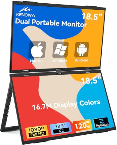 Kenowa 18.5 Dual Screen Monitor 120Hz Gaming Portable Monitor, Full HD 1080P Folding Dual Dispaly 360° Rotatable with Speakers/Type-C/Mini HDMI Port for Laptop,Windows,Mac,PS4/5,Xbox,Plug and Play