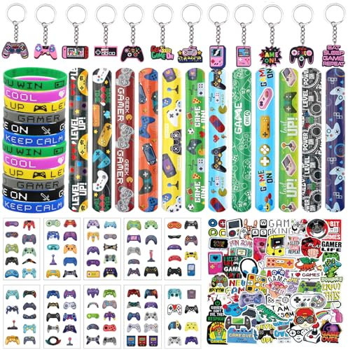 96 Piezas Videojuegos Regalos Cumpleaños Niños Colegio, Piñata Cumpleaños Infantil, Detalles Cumpleaños Niños para Videojuego Llavero Pulsera Tatuajes Luminoso Bolsas Fiesta Cumpleaños Infantil