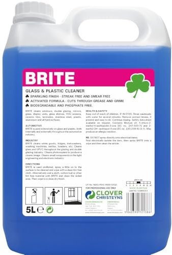 Brite Glass and Plastic Cleaner, Professional Strength, Streak-Free Formula, Christeyns Clover (5 Ltr)