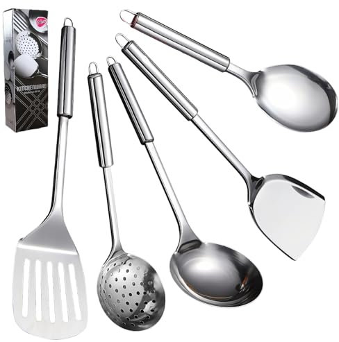 LEKEFETO Juego de utensilios de cocina de acero inoxidable de 5 piezas con cuchara, cucharón, espátula, espátula y espumadera, incluye colgador, acero inoxidable 304, color plateado