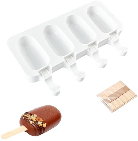 Moules a Glace Silicone, Moule Glace 4 Cavités, Moule à Glace Réutilisables pour Bébé, Moules à Glace DIY, avec 50 Batonnet En Bois, pour Crèmes Magnum Cake, pour Enfant et Adulte, Blanc