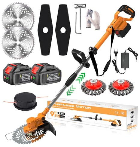 Desbrozadora inalámbrica, desbrozadora de césped a batería de 21 V, herramienta eléctrica de jardín 4 en 1 con 2 baterías de 4.0 Ah y cargador, diseño sin escobillas, mango telescópico ajustable