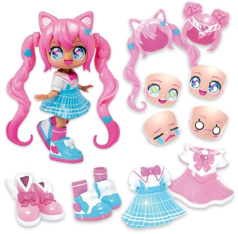 BANDAI - Animakii - Magicienne et Écolière - Coffret Poupée Personnalisable - 1 Poupée, 4 Visages, 2 Coiffures, 2 Tenues, 2 Paires de Chaussures - Jouet Créatif 5 Ans et + - HEA26352