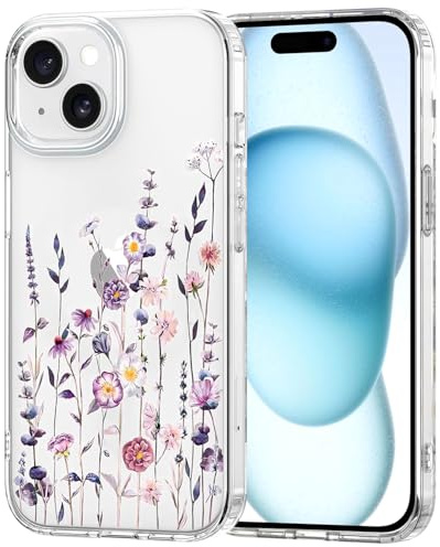 TVVTPU Handy Hülle Kompatibel mit iPhone 15, Aesthetic Blumen Muster Handyhülle Nie Vergilbung Dünn Transparent Hard PC Rückseite Stoßfester Kratzfest Schutzhülle Case, Klar