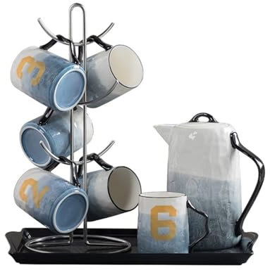 KJHZCE Water Jug Cup Set Household 6-Cup Water Cup Tray Stainless Steel Rack Large-Capacity Cold Water Bottle Ceramic Water Set Water Pitcher Glass