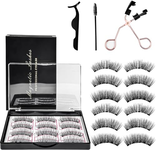 Puasok Ciglia Finte Magnetiche 3 Paia, Ciglia Magnetiche 3D Voluminose Riutilizzabili Senza Colla, Magnetic Lashes con Pinzetta, Tenuta Forte e Comfort Tutto il Giorno (Versione Folta)