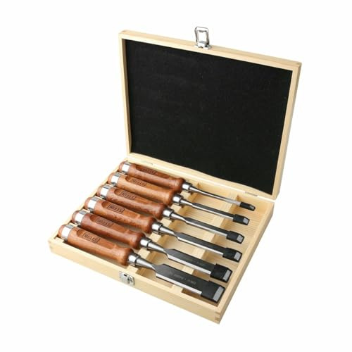 Formón - juego de 6 piezas, fabricados en acero al carbono, mangos de madera, ideales para trabajos de carpintería y ebanistería.