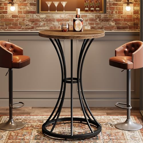 Tribesigns 37.4 H Bar Table, Round Bar Table with Curved Metal Base, High Top Pub Table for Small Spaces, Living Room, Kitchen, or Apartments (Brown & Black) (1)