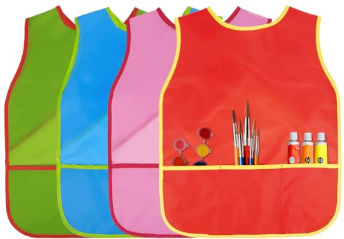 ViEinkaufen 4 delantales de pintura para niños, batas de artista, impermeables, sin mangas, con bolsillos para niños de 3 a 8 años, regalo para manualidades y cocina