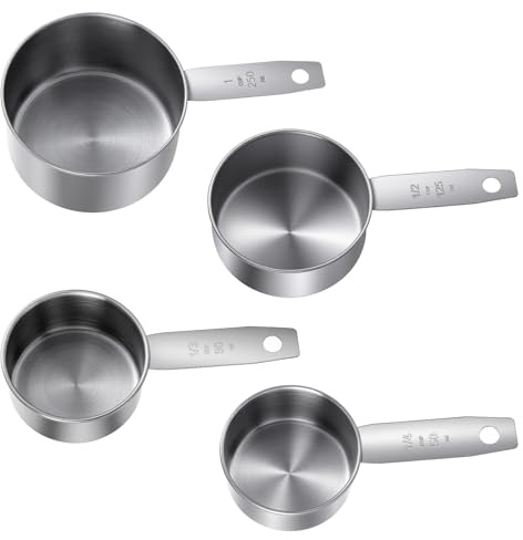 4 Pcs Stainless Steel Measuring Cup, 1, 1/2, 1/3, 1/4 Cup - 250, 125, 80, 60ml Metal Measuring Cups Scoop, Comfortable Hand Feeling Measurings Scoops for Coffee Cooking Baking Kitchen, Dishwasher Safe