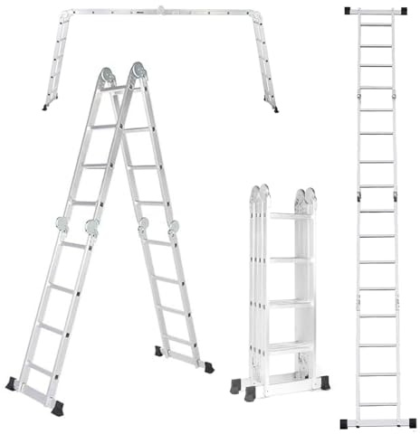 4 in 1 Aluminium Extension Ladder, 15.4FT Folding Ladder, Multi-Use Foldable Stepladder, Multi-Purpose Step Ladders, Heavy Duty Adjustable Telescoping Ladder for Home Stairs Roof Warehouse Outdoor