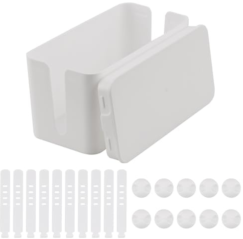 COEWUR Boîte de Rangement pour Câbles Boîte de Gestion des Câbles Boite Cache-Cable Cache Multiprise Garder Les Cables Bien Rangés avec 10 bandes de rangement,10 clips,Blanc,Petit,23.5 x 11.5 x 11.5cm