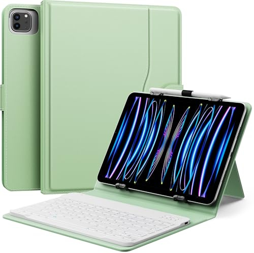 MoKo Funda Universal con Teclado para 9-11 Tableta, Verde | para 9,9.7,10.1,10.2,10.4,10.5,10.9 iPad,Fire,Pixel Tableta, Teclado Bluetooth QWERTY Inalámbrico & Portalápices