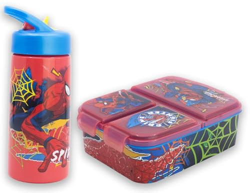 MARUKATSU Spiderman Set Sandwichera Infantil con Compartimentos y Botella 410ml para Niños y Niñas | Fiambrera Escolar + Botella Reutilizable |