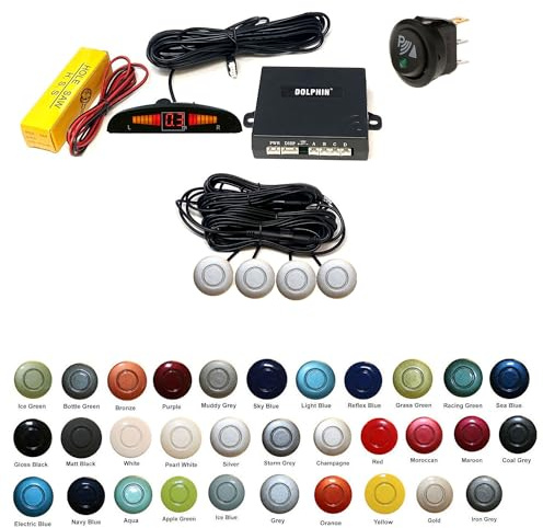 Dolphin Automotive DPS450F Front Parking Sensors In 32 Colours 4 Ultrasonic Radar Sensors Kit Audio & Display Alert System Matt & Gloss Black +30 More Colours (Silver)