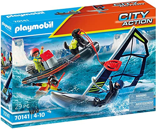 PLAYMOBIL City Action 70141 Water Rescue with Dog, with Floatable Inflatable Boat and Surfboard, Toy for Children Ages 4+