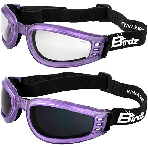 Birdz 2 Pairs of Eyewear Cardinal Women's Purple Padded Motorcycle Goggles with Super Dark & Clear Lenses