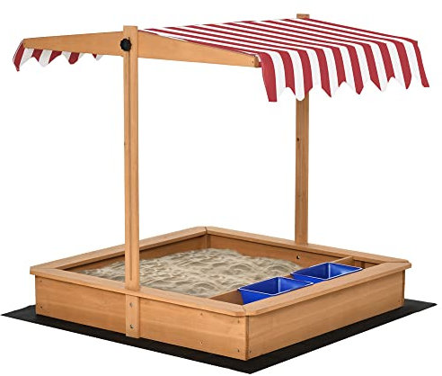 Outsunny Arenero Infantil de Madera con Techo Inclinable Ajustable en Altura y 2 Cubetas de Plástico Cajón de Arena de Jardín para Niños +3 Años 107,5x107,5x110 cm Natural