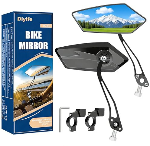 Diyife Bike Mirror 1 Pair, [New Version] HD Wide Angle Large Handlebar Rearview Mirror, Blast-Resistant 360°Adjustable Bicycle Rear View Mirror Accessories for Ebike Mountain Road Bike