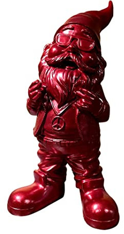 SEWAS Gartenzwerg mit Peace Kette, Rot mit Glitzereffekt, handbemalt, wetterfest, Kunstharz, Innen und Außenbereich, Gartenfigur 27cm