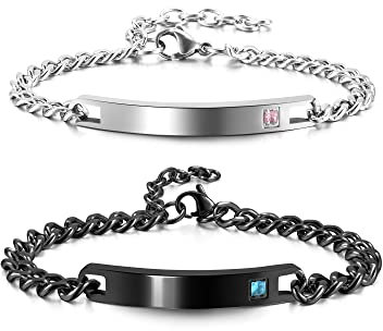 AllerPierce Pärchen Armband für Damen Herren Armbänder mit Gravur Zirkonia Freundschaftsarmband Armkette Armreif Edelstahl Paar Panzerarmband Geschenke für Liebhaber Couple (Schwarz + Silber)