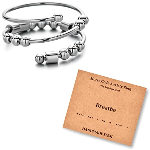 LNIEER Morse Code Rings for Women Men Funny Inspirational Gifts Stainless Steel Fidget Rings for Anxiety Anxiety Ring with Beads Spinner Ring Fidget Ring Message Friendship Jewelry Birthday Gifts (Breathe)