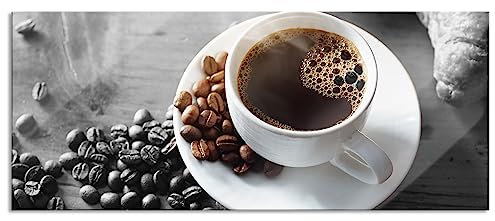 Pixxprint Glasbild Panorama, Wandbild aus Echtglas, Tasse Kaffee mit Bohnen und Croissant B&W Detail, 120x50 cm, inkl. Aufhängung und Abstandshalter