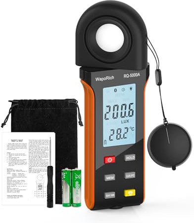 Luxmeter Lichtmessgerät, WapoRich Belichtungsmesser Digital Illuminance Light Meter Measure 1~400,000Lux/FC mit Umgebungstemperatur Hintergrundbeleuchtung für Fotografie, Pflanzen (RQ-5000A)